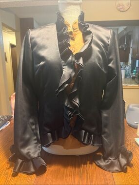 Women's Black Satin Ruffle Blazer Jacket
